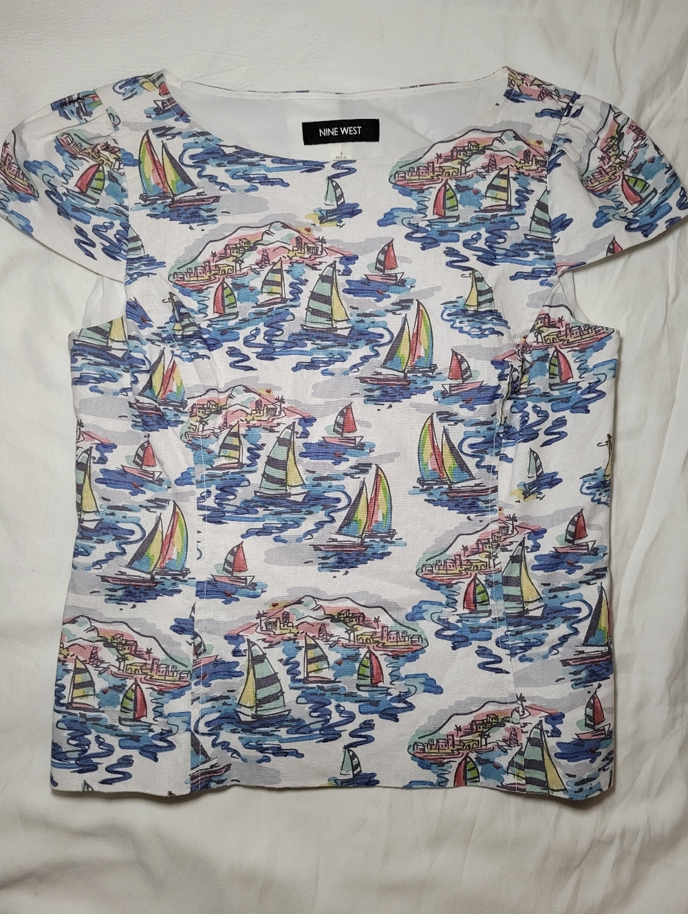 Nine West Sz 4 Women's Sailboat Top Linen Blend Lined Coastal Grandma